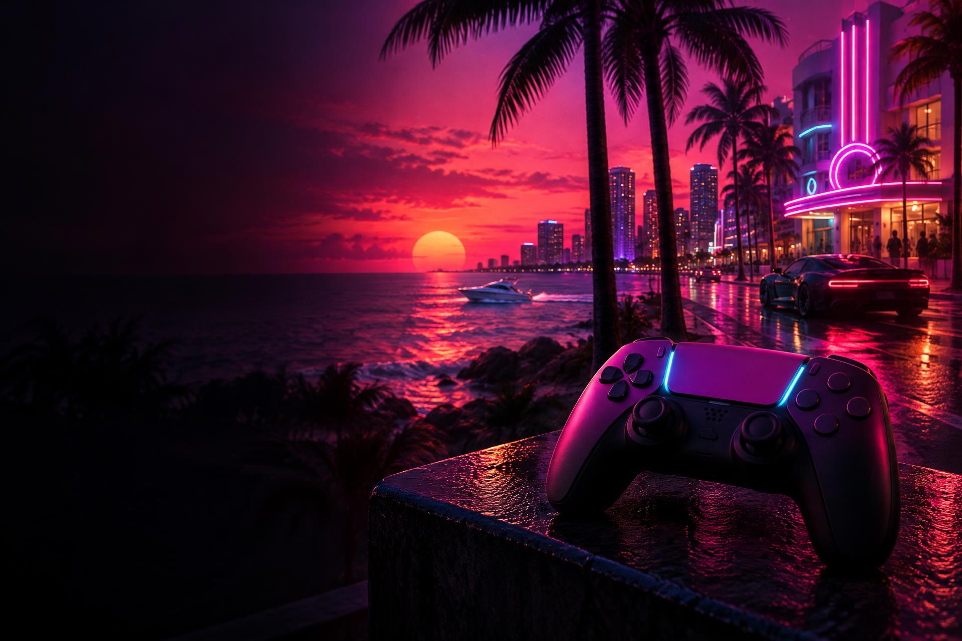 Nightwave controller on a neon boulevard at sunset, with a speedboat on the water, palm trees and a casino lit up in neon